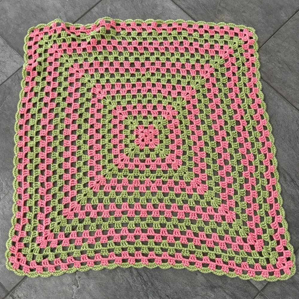 Handmade Pink Green Granny Square Crochet Throw Blanket 29x33 Cottagecore Boho